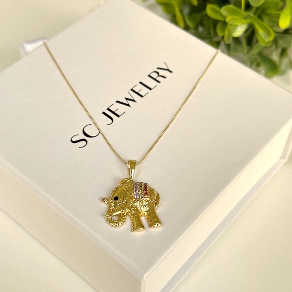 Elephant Necklace CZ Colorful Stone 14k Gold Plated Luxury Jewelry - Picture 2 of 12